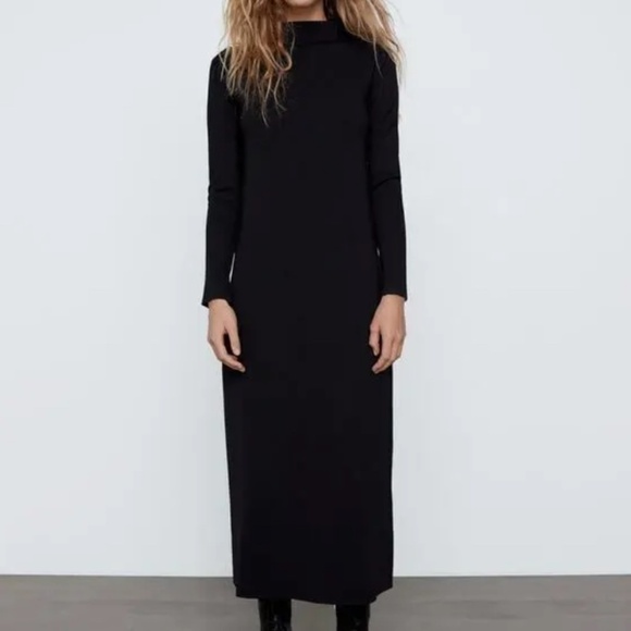 Zara Knit Sweater dress Maxi Black Ribbed Stretch Minimalist Turtleneck Sz L - Picture 2 of 13